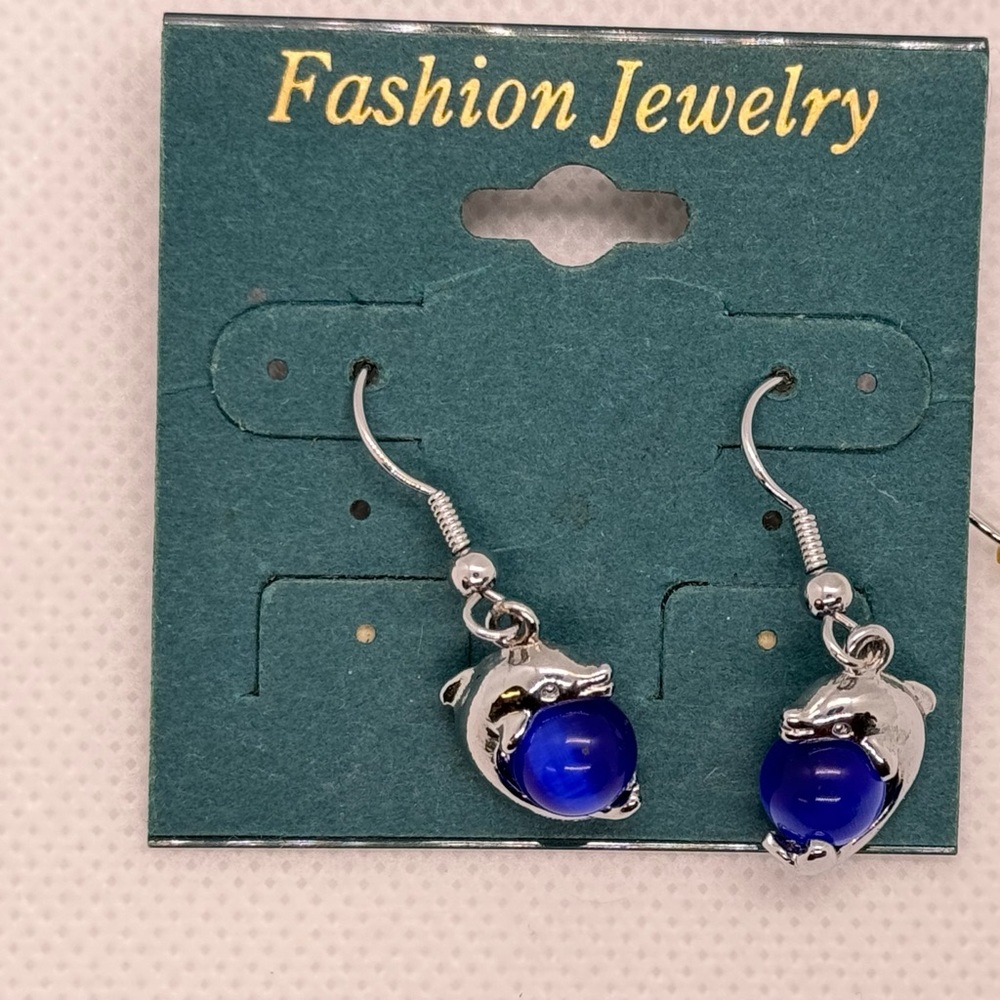 Fashion Jewelry Blue Cat eye Dolphin Dangle Earrings, 1 ⅜” x ⅜ “.